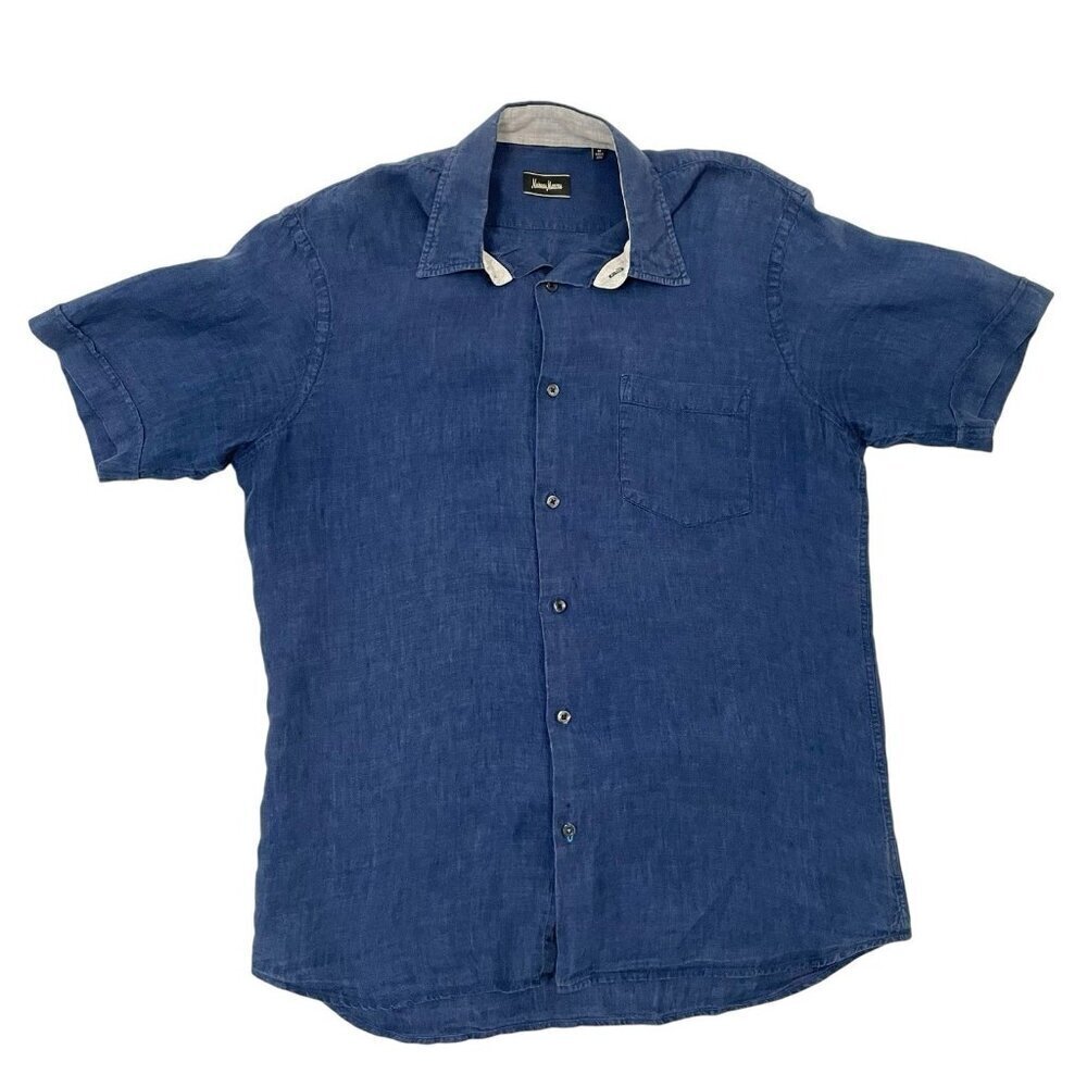 Neiman Marcus 100% Linen Button Up Short Sleeve Shirt Blue size Medium